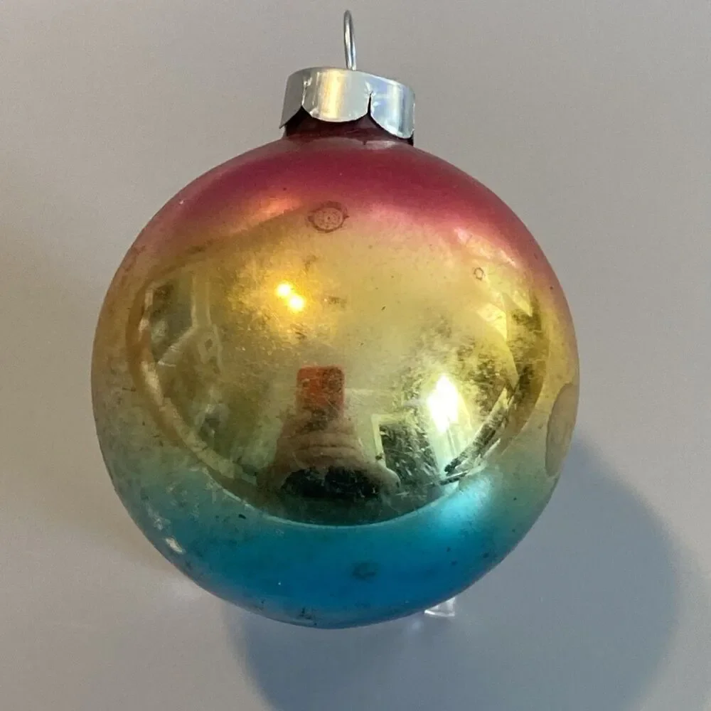 Vintage Christmas Ombre Glass Ornament Made In USA 6.25” Round Ball Holiday